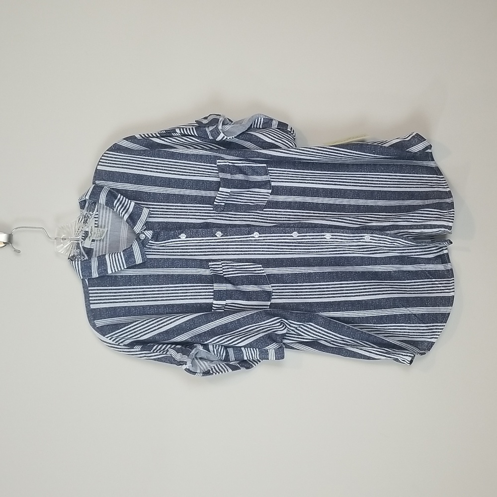 LOVE POTION Blue White Striped Button Down Short Sleeve Top